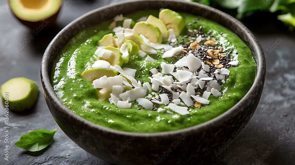 A bowl of green smoothie with coconut flakes A bowl of green smoothie with coconut flakes