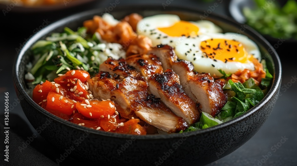 This wholesome chicken bowl is filled with grilled chicken, vibrant vegetables, and eggs, striking a balance between flavor, nutrition, and aesthetic appeal in modern cuisine. This wholesome chicken bowl is filled with grilled chicken, vibrant vegetables, and eggs, striking a balance between flavor, nutrition, and aesthetic appeal in modern cuisine.