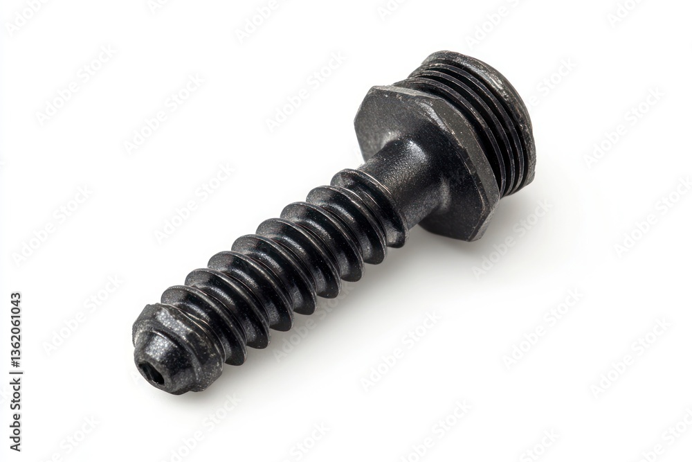 Close-up of Single Black Metal Screw on White Background Product Shot Close-up of Single Black Metal Screw on White Background Product Shot