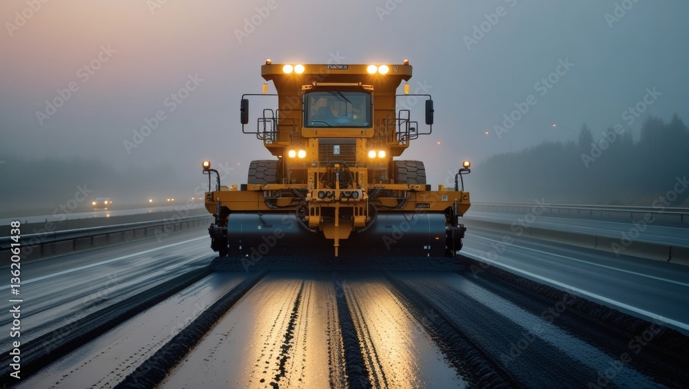 Massive road paver machine operates on an empty highway at dawn Massive road paver machine operates on an empty highway at dawn