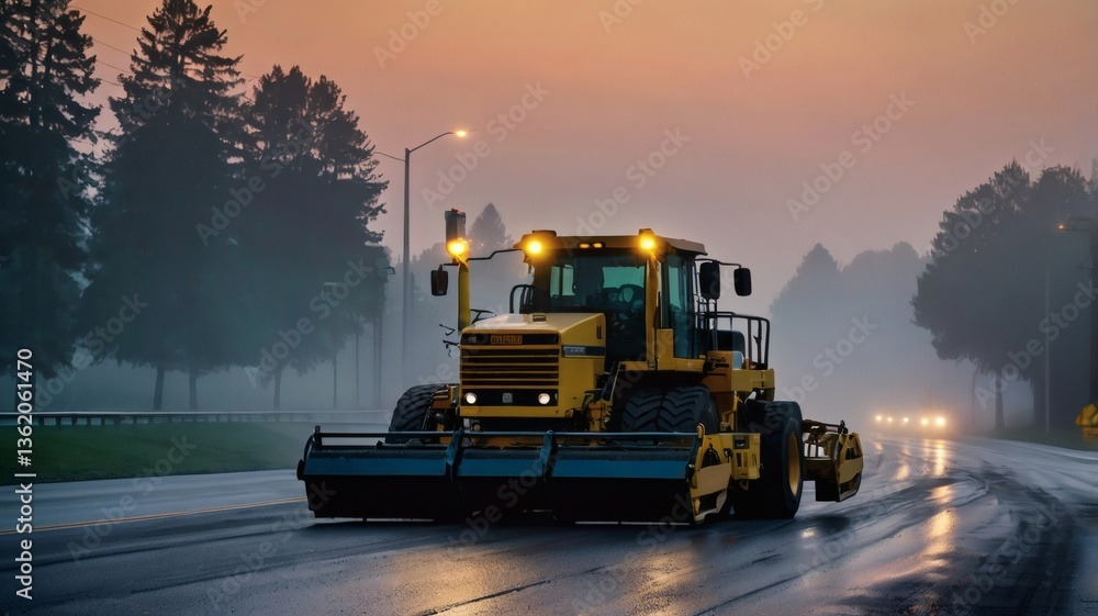 Massive road paver machine operates on an empty highway at dawn Massive road paver machine operates on an empty highway at dawn