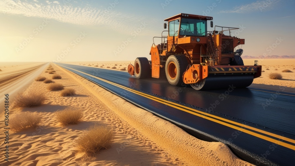 Road paver machine lays down fresh asphalt on an empty desert highway Road paver machine lays down fresh asphalt on an empty desert highway