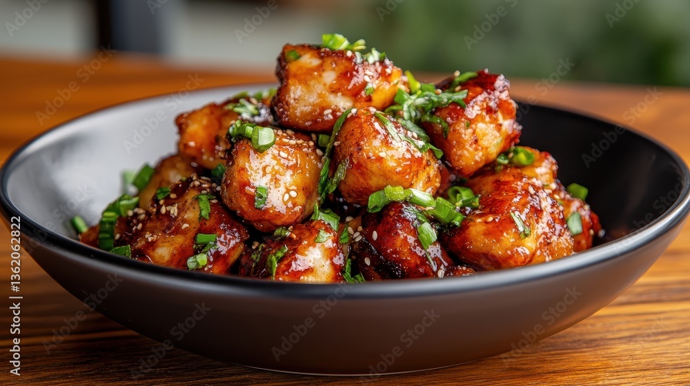 This image features enticing chicken bites coated in a sweet and spicy sauce, beautifully garnished with sesame seeds, showcasing a delightful culinary experience. This image features enticing chicken bites coated in a sweet and spicy sauce, beautifully garnished with sesame seeds, showcasing a delightful culinary experience.