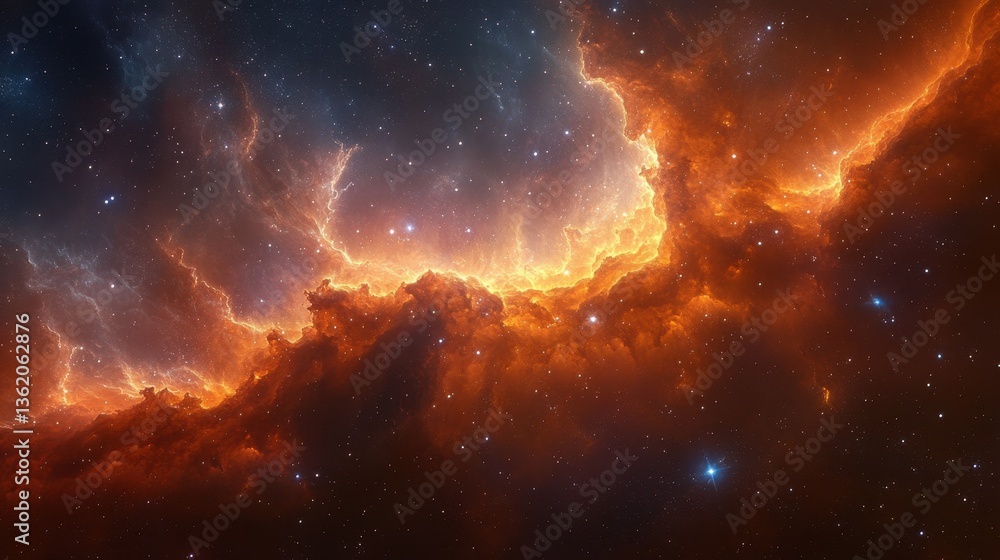 Fototapeta premium Burning orange clouds swirling through vast and starry outer space