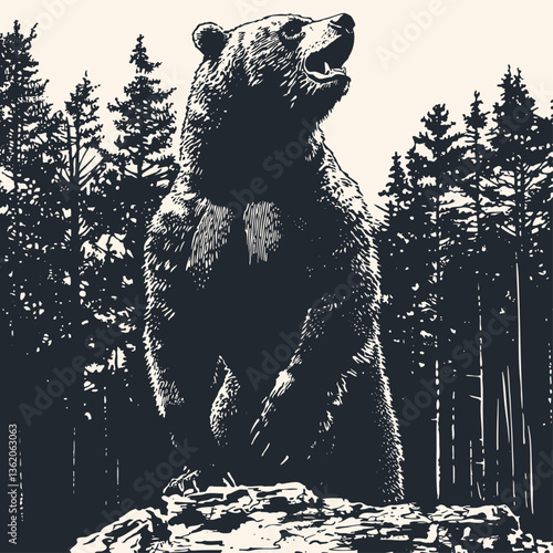 Dramatic vector illustration of a standing grizzly bear silhouette against a forest backdrop. Black and white artwork captures the majestic power of wildlife, featuring detailed pine trees and texture