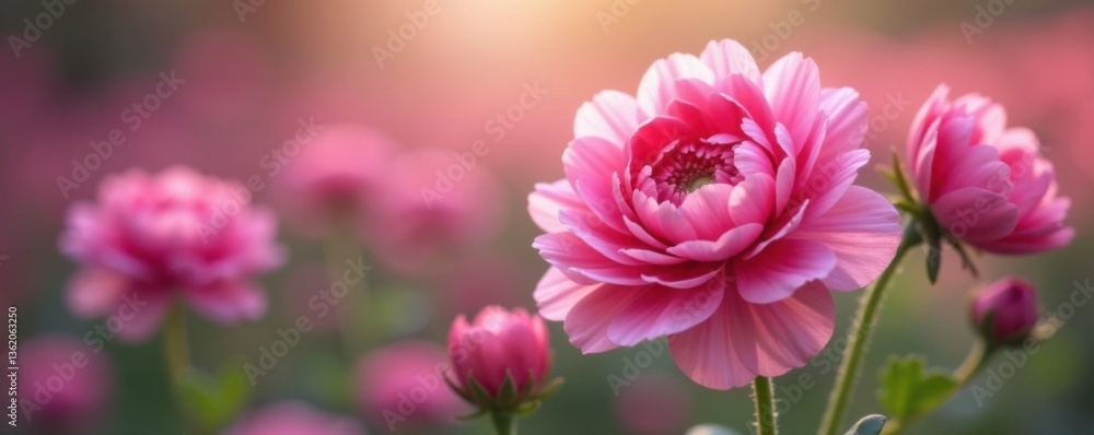 Obraz premium Delicate pink ranunculus flowers in full bloom, delicate blooms, pink ranunculus, nature