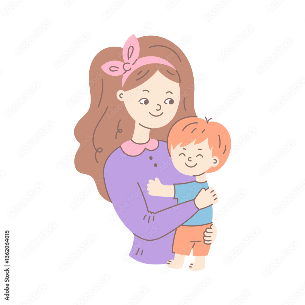 Mother Hugs Little Baby Boy. Happy Young Woman Holding Smiling Child in Arms. Hand drawn vector illustration in flat style Mother Hugs Little Baby Boy. Happy Young Woman Holding Smiling Child in Arms. Hand drawn vector illustration in flat style