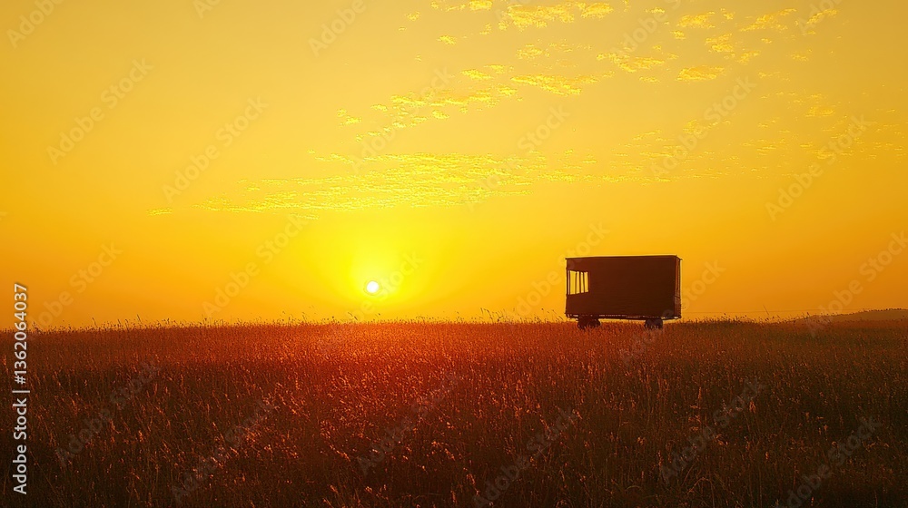 Golden Hour Solitude: Tiny House in a Vast Field at Sunset Golden Hour Solitude: Tiny House in a Vast Field at Sunset