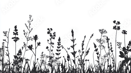 Silhouette of wild herbs and flowers on white background illustration