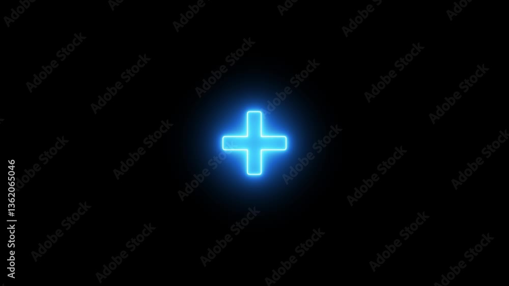 A cyan color Glowing neon plus icon animation – minimal symbol of addition on black background. Beautiful black background of neon plus icon A cyan color Glowing neon plus icon animation – minimal symbol of addition on black background. Beautiful black background of neon plus icon