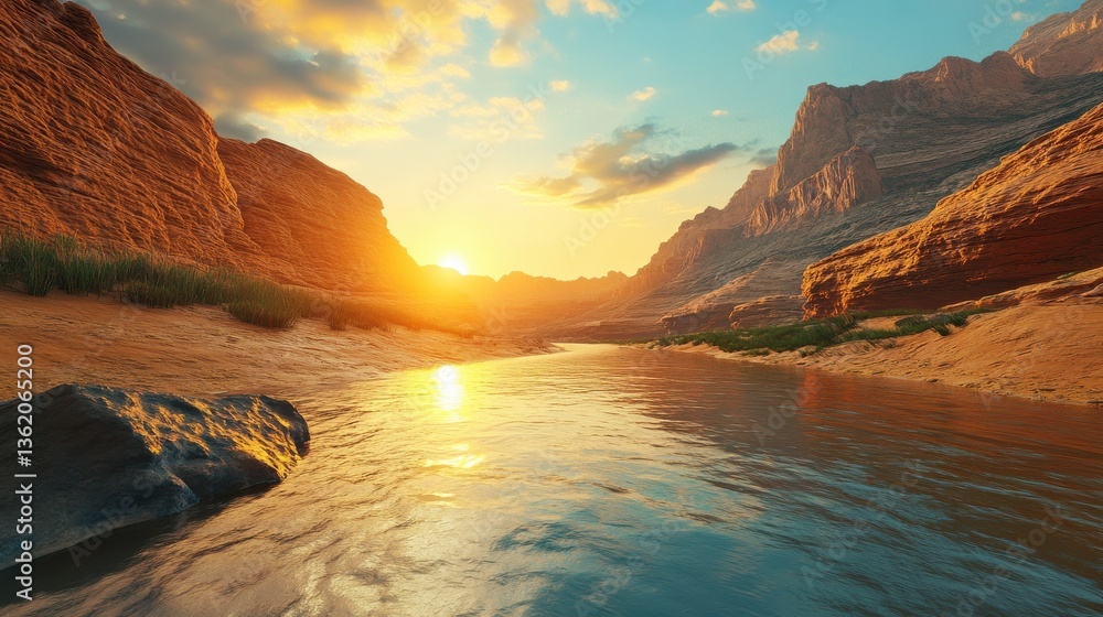 Fototapeta premium Canyon River Sunset, Golden Hour, Red Rock, Landscape, Nature