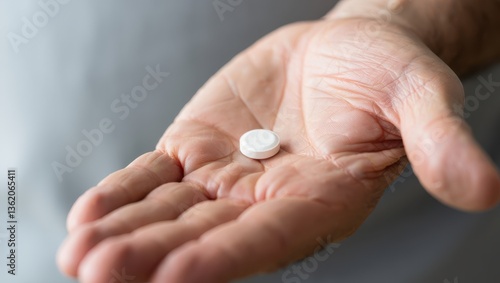 Close-up of a hand holding a white tablet pill against a neutral background