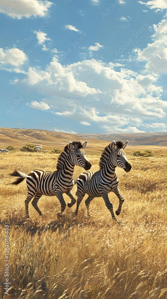 Naklejka premium Two zebras are running through a sunny field of tall grass