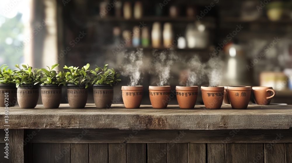 Fototapeta premium Cozy kitchen scene with steaming cups on a wooden table beside potted plants
