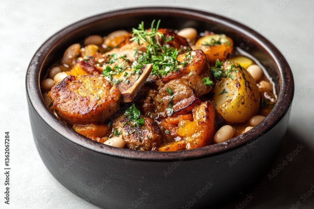 A bowl of fabada asturiana with white beans and pork A bowl of fabada asturiana with white beans and pork