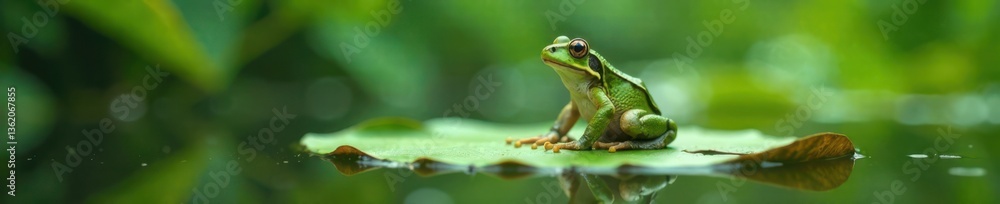 Frog sitting on a lily pad surrounded by water and greenery, aquatic, stillness Frog sitting on a lily pad surrounded by water and greenery, aquatic, stillness