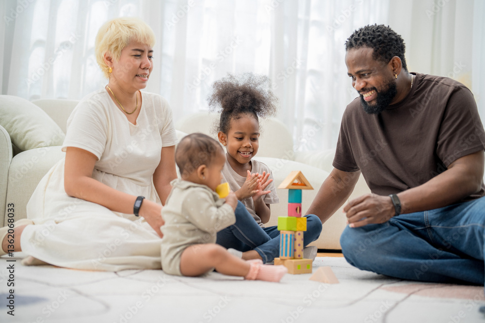 Family enjoys interactive playtime with colorful building blocks in a bright living room