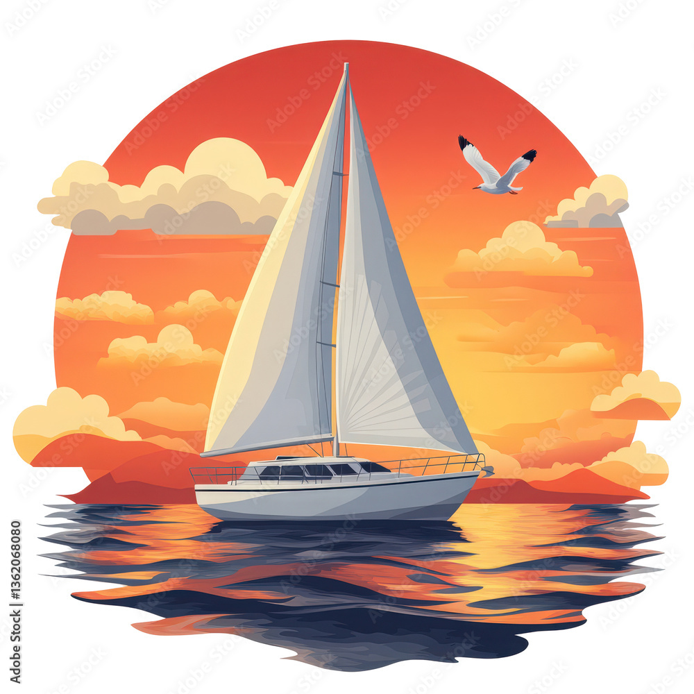 Naklejka premium Serene sunset seascape: A sailboat's journey under warm skies with fluffy clouds isolated on transparent background