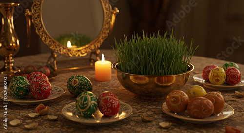 Elegant Nowruz Haft-Seen Table with Decorative Eggs, Sabzeh, and Candlelight – A Celebration of Persian New Year