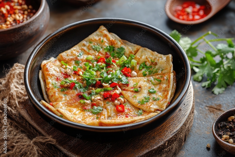 A bowl of Tianjin jianbing guozi with savory crepes A bowl of Tianjin jianbing guozi with savory crepes