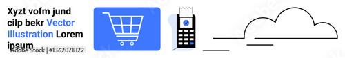 Shopping cart, credit card terminal, and cloud graphic symbolize e-commerce, mobile payment, online transaction, shopping platforms, cloud storage, user convenience, simple landing page