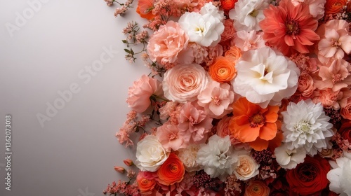 This image depicts a stunning array of flowers in shades of pink, coral, and white, creating a romantic and uplifting ambiance perfect for any floral-themed project.