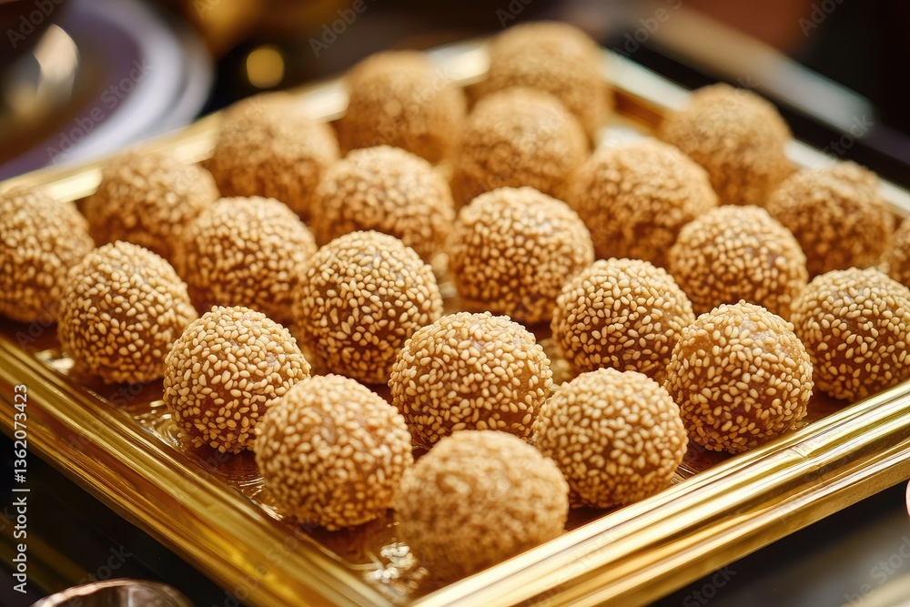A golden tray of sesame balls with red bean filling A golden tray of sesame balls with red bean filling