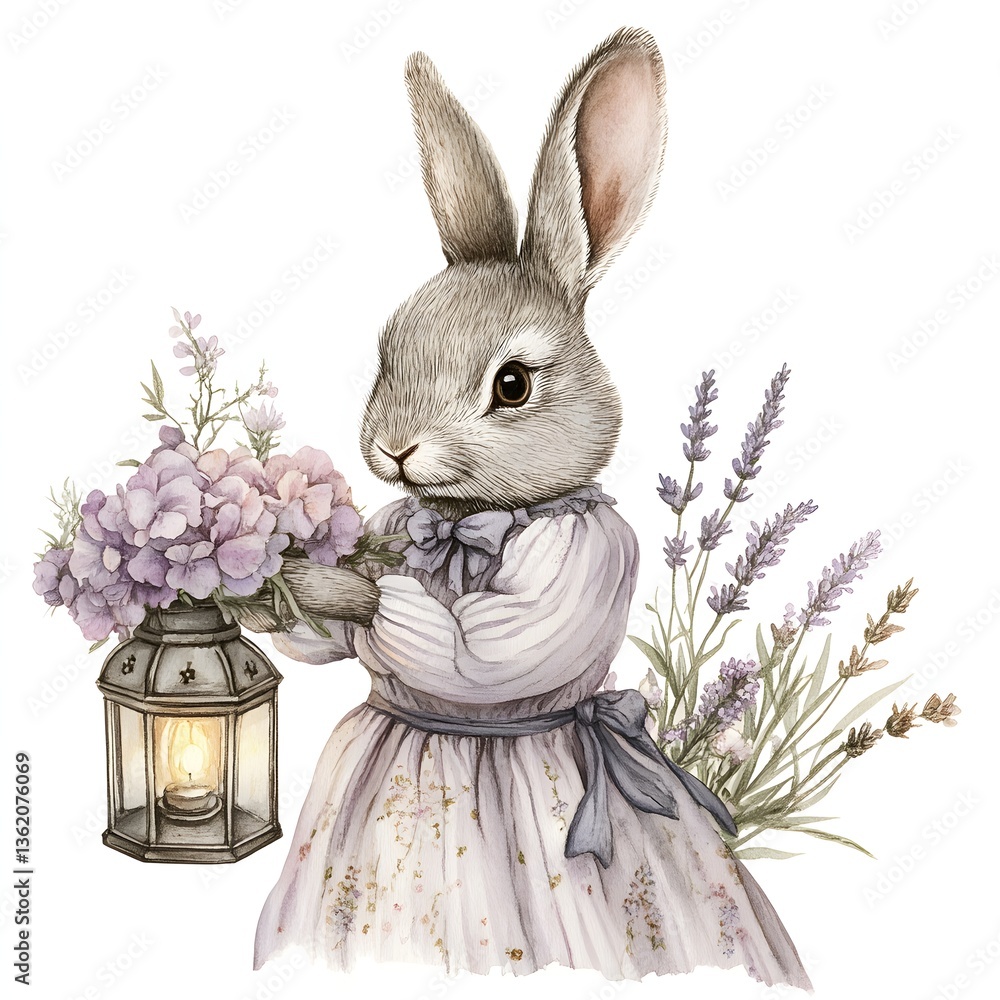 Obraz premium Vintage Bunny Holding Antique Lantern with Pastel Flowers