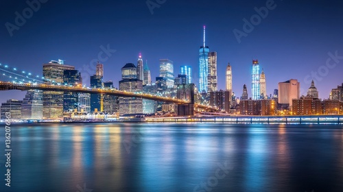 New York City skyline at night, illuminated skyscrapers, reflecting in the water, a picturesque view