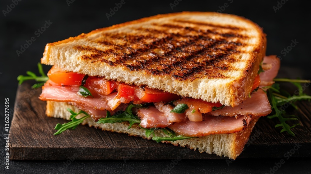 A mouth-watering grilled ham and tomato sandwich served on toasted bread, showcasing bright colors and inviting textures, perfect for casual dining and satisfying cravings. A mouth-watering grilled ham and tomato sandwich served on toasted bread, showcasing bright colors and inviting textures, perfect for casual dining and satisfying cravings.