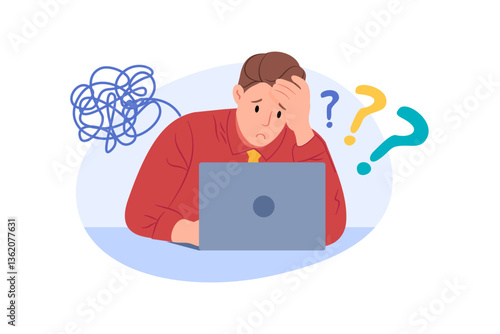 A young man looks stressed and confused while working on his laptop, surrounded by question marks and a tangle of lines. He seems overwhelmed by the complexity of the task. Vector illustration.