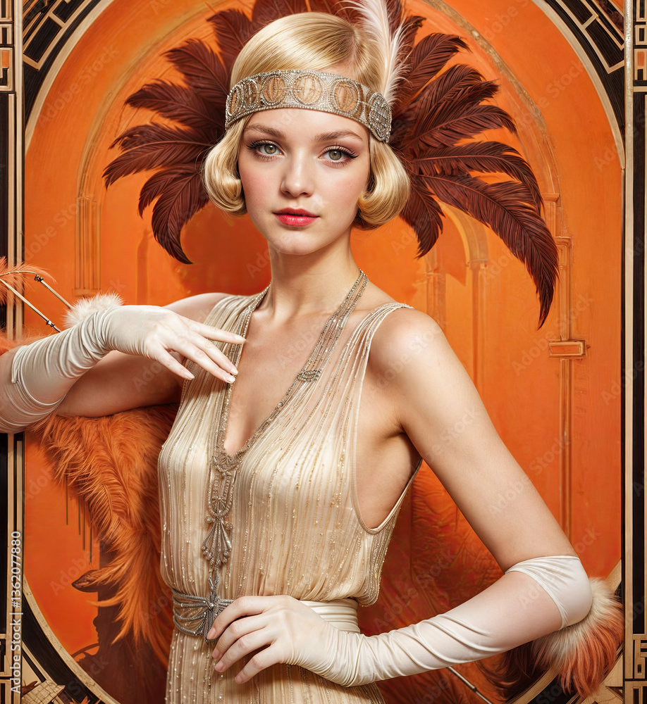 a woman wearing a vintage-style dress with a gold and silver beaded design. She is accessorized with a feathered headband and long, white gloves, and she stands in front of a vibrant background.