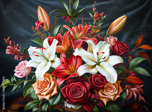 Obraz na płótnie A close-up view of a stunning floral display, with a focus on the lilies and roses. w salonie