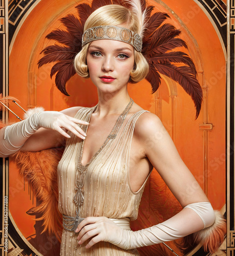 Obraz na płótnie a woman wearing a vintage-style dress with a gold and silver beaded design. She is accessorized with a feathered headband and long, white gloves, and she stands in front of a vibrant background. w salonie