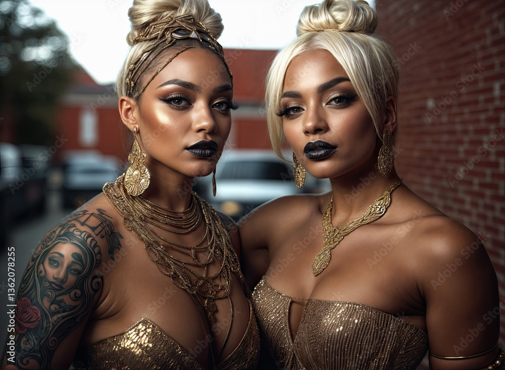 Two women, adorned in elaborate gold jewelry, exude regal elegance.