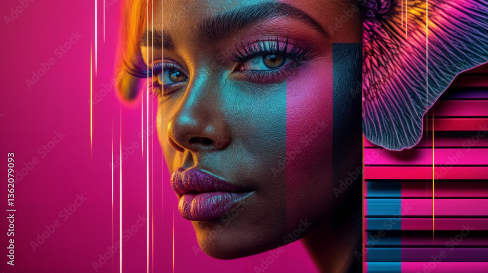 Close-up portrait of a woman with vibrant makeup and striking lighting.