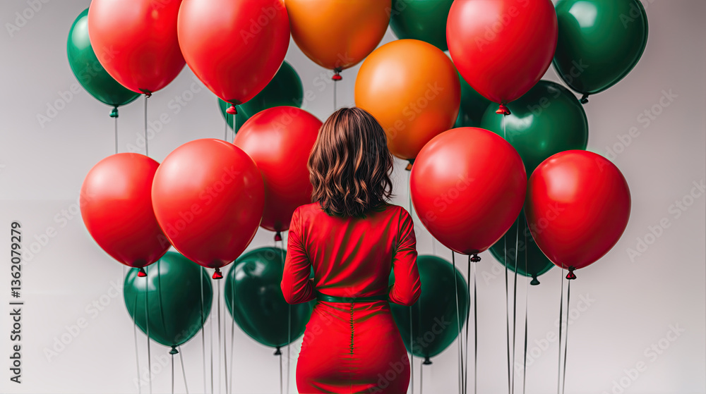 A woman in a vibrant red dress stands amidst a cluster of festive red and green balloons.