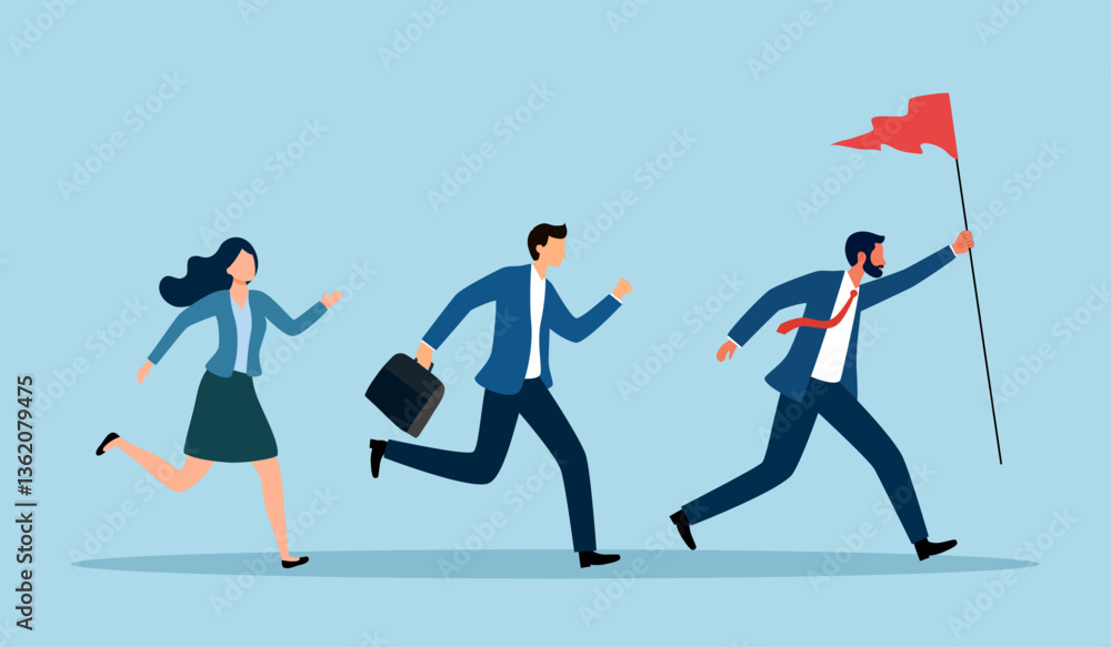 Manager lead team to success, motivation to win together, direction forward for future success, victory or triumph concept. Businessman leader holding winner flag leading to success. Manager lead team to success, motivation to win together, direction forward for future success, victory or triumph concept. Businessman leader holding winner flag leading to success.