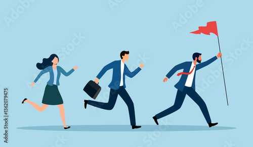 Manager lead team to success, motivation to win together, direction forward for future success, victory or triumph concept. Businessman leader holding winner flag leading to success.