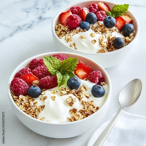 Two bowls of creamy yogurt topped with fresh raspberries strawberries blueberries and crunchy oatmeal for a healthy and delicious breakfast.