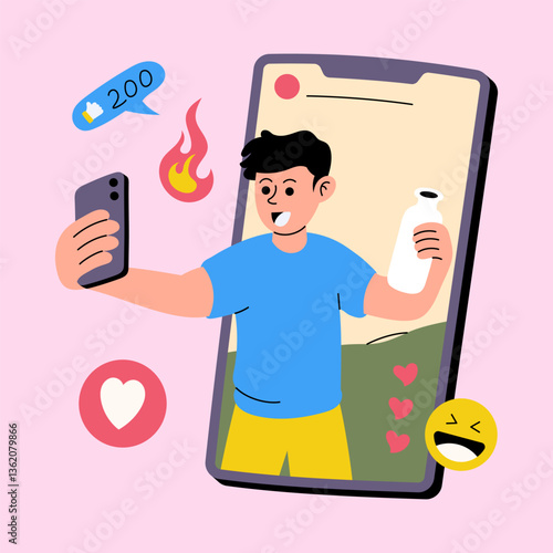 A content creator shares a selfie and gains engagement with likes and reactions on social media