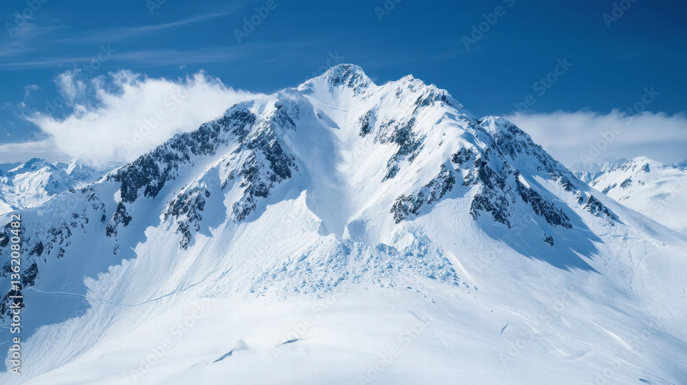 Majestic snow covered mountain peak under clear blue sky, showcasing beauty of winter landscapes and nature grandeur Majestic snow covered mountain peak under clear blue sky, showcasing beauty of winter landscapes and nature grandeur
