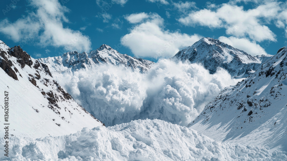 Obraz premium stunning view of snow covered mountain range with avalanche cascading down, creating dramatic scene against bright blue sky