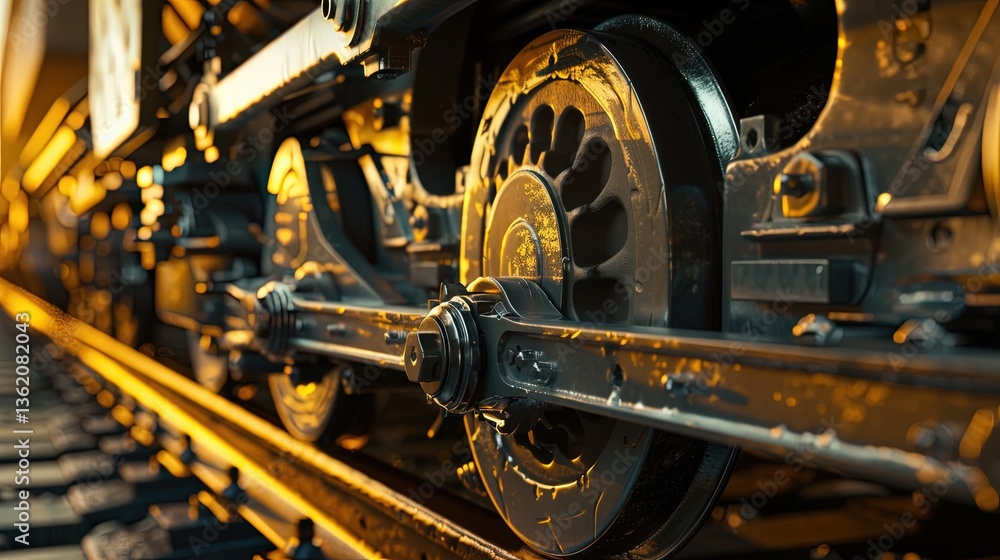 Close-up of train wheels in golden light Close-up of train wheels in golden light