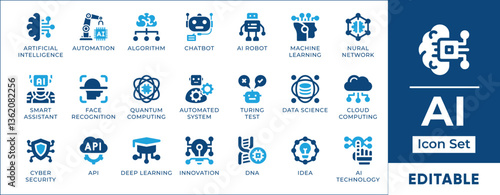 Artificial intelligence icon set featuring AI, machine learning, deep learning, neural networks, automation, robotics, big data, cloud computing, digital transformation, and futuristic technology.