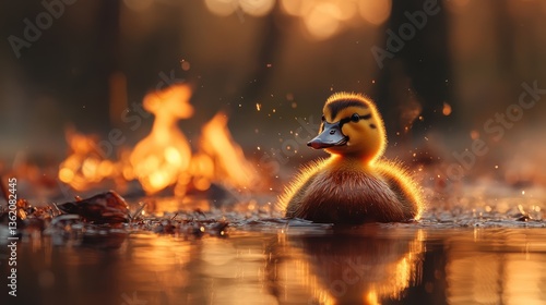 A duckling gracefully swims in a serene pond, surrounded by a stunning sunset glow and gentle ripples, capturing the beauty of nature and animal life.