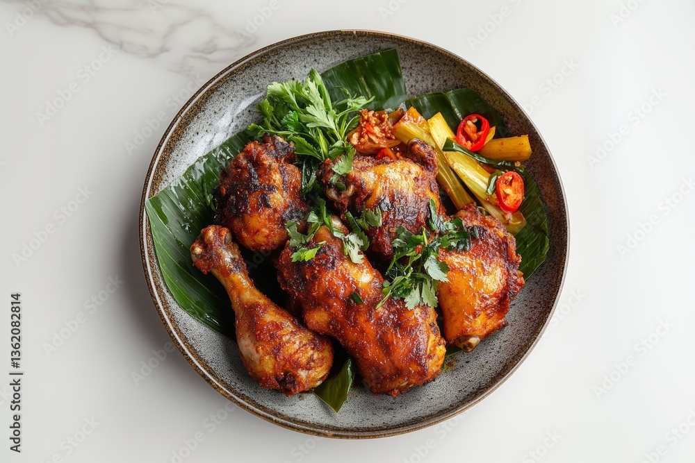 Fototapeta premium Plate of ayam betutu showcasing balinese spiced steamed chicken surrounded by vibrant vegetables. Concept of ayam betutu highlights rich flavors and traditional presentation.