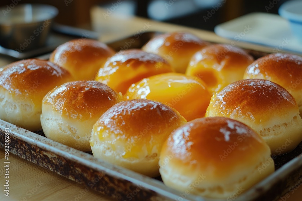 A warm tray of custard buns with a runny yolk center A warm tray of custard buns with a runny yolk center