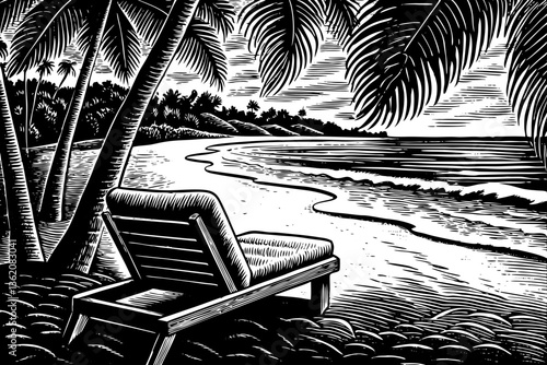 serene beach scene landscape with chair black and white hand drawn sketch vector, calm ocean with waves, a sandy shore, and palm trees engraving
