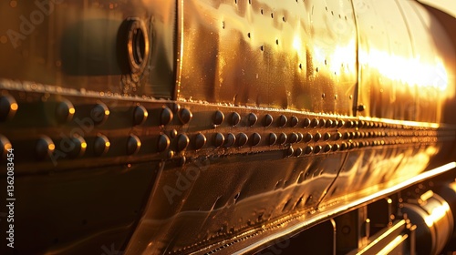 Metal steam engine gleaming under sunset glow